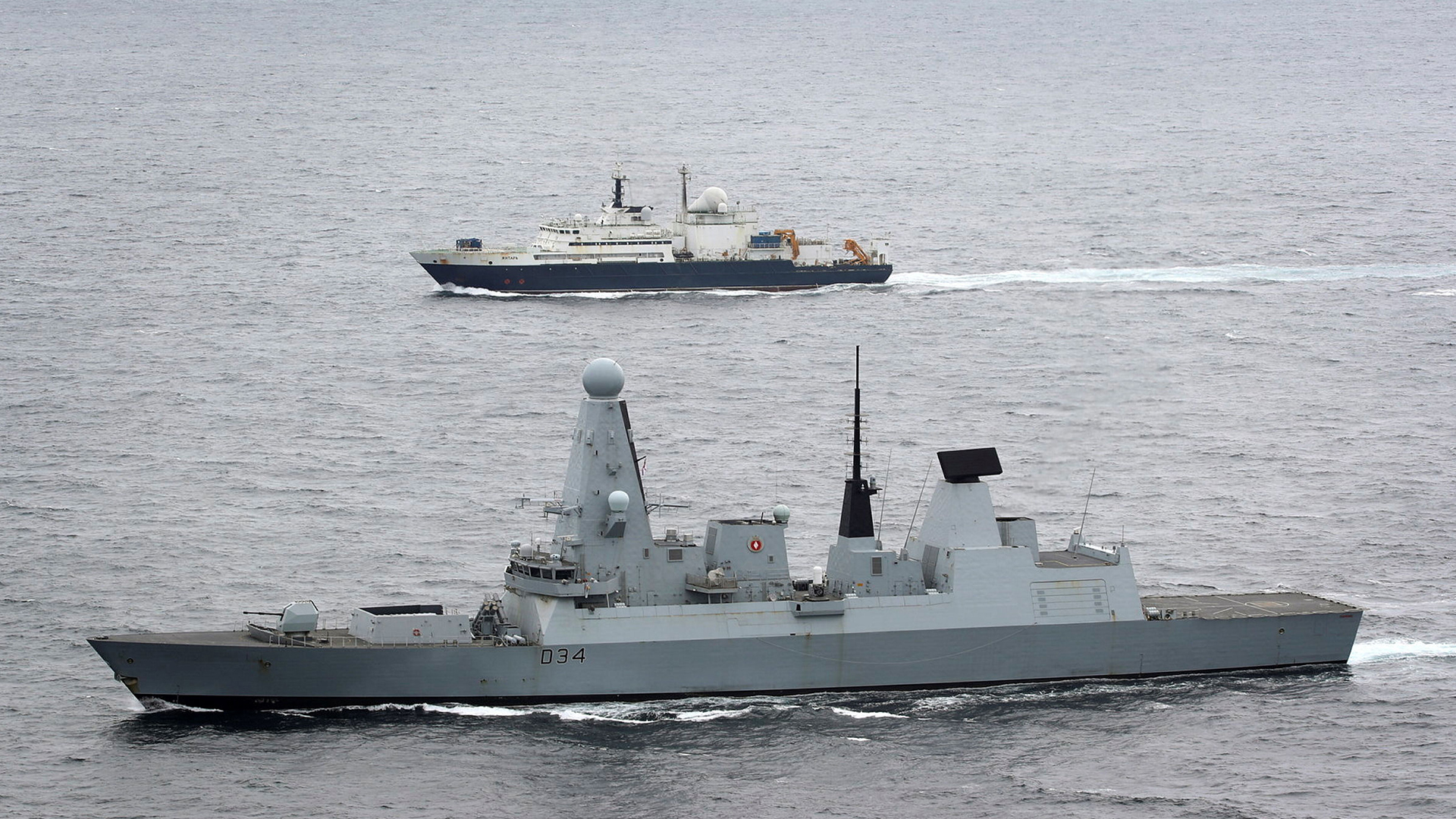 The Yantar is no stranger to the Armed Forces, seen here being shadowed by HMS Diamond back in 2018