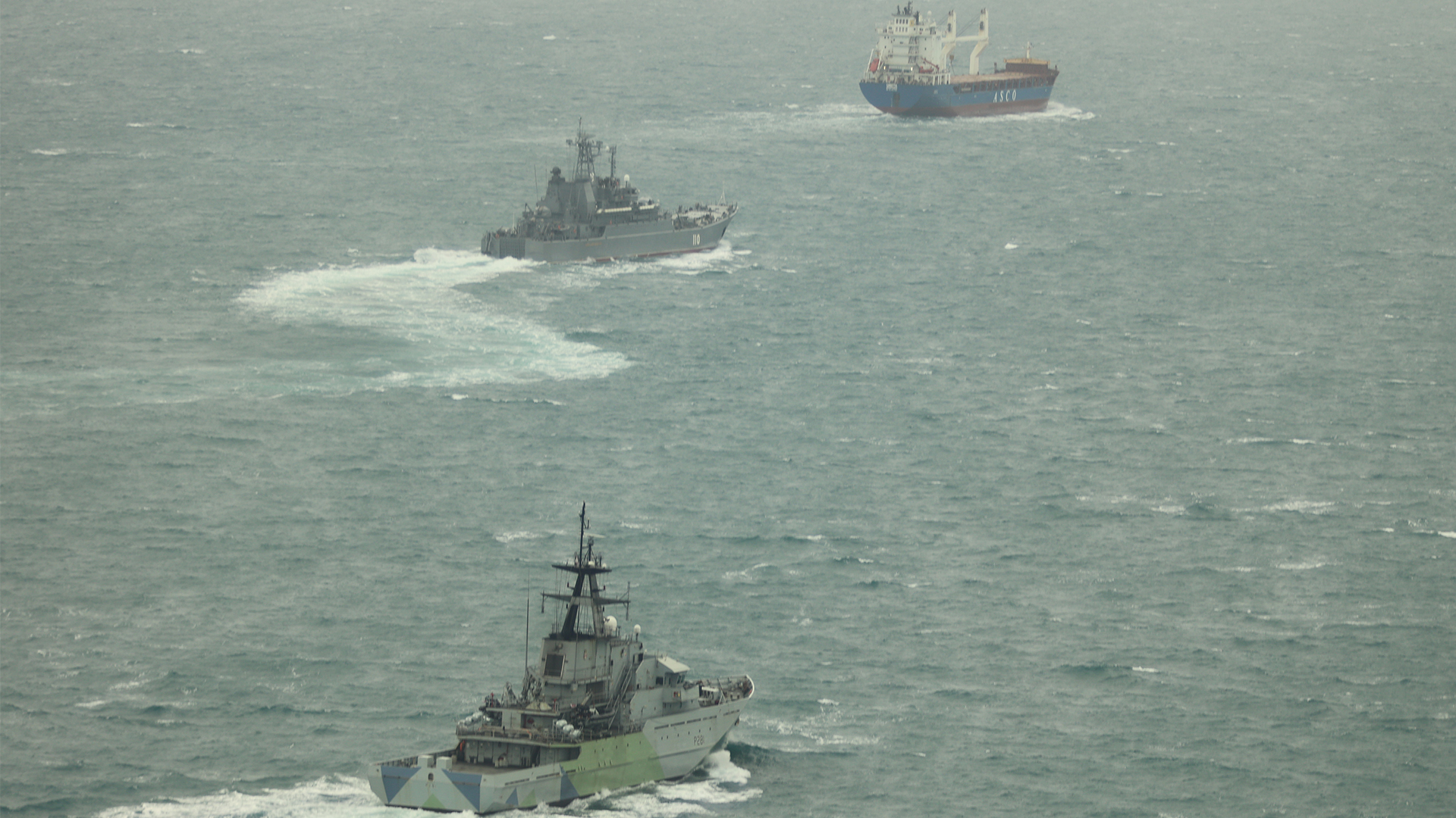 A previous instance when HMS Tyne and a Wildcat helicopter monitored two sanctioned Russian cargo ships in UK waters (Picture: MOD)