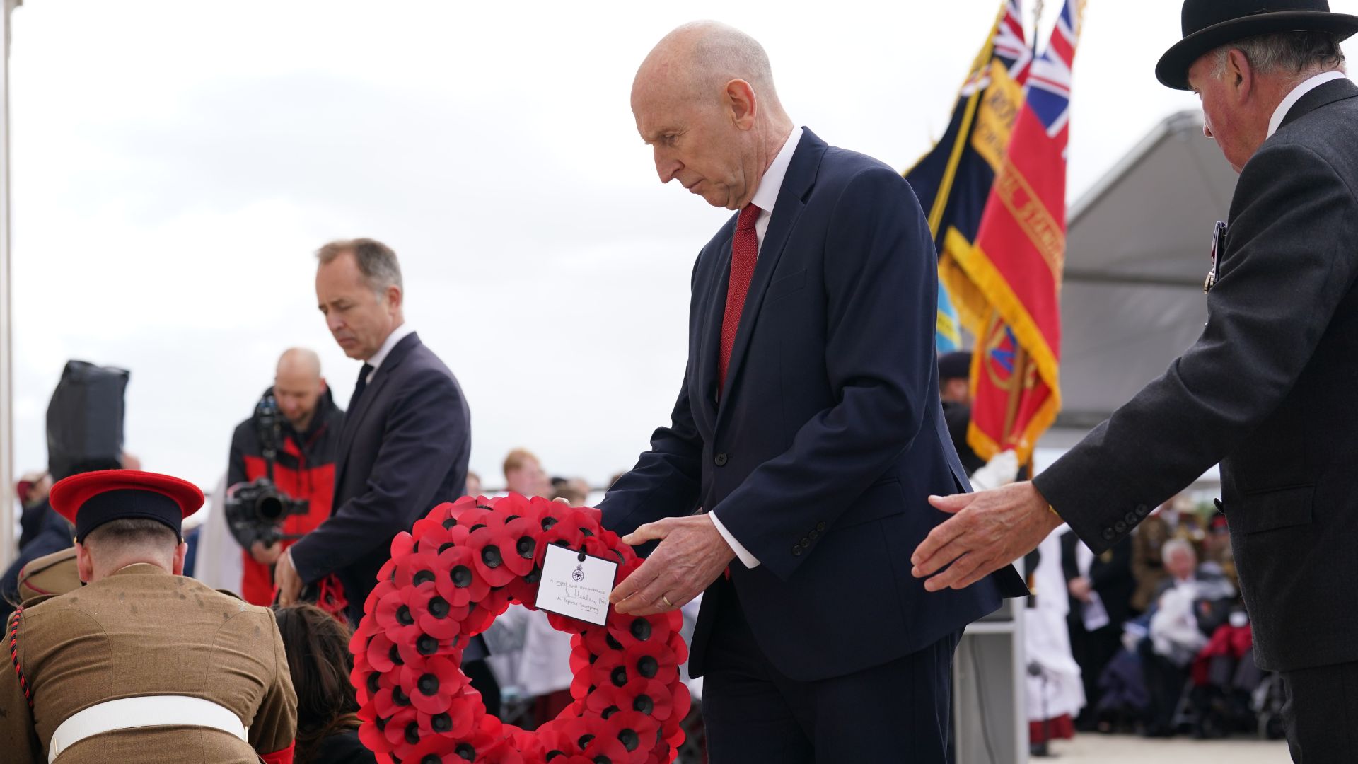 Defence Secretary John Healey lays a wreath laid at the foot of the British Normandy Memorial, which lists 22,540 British names on its Roll of Honour (Picture: PA)