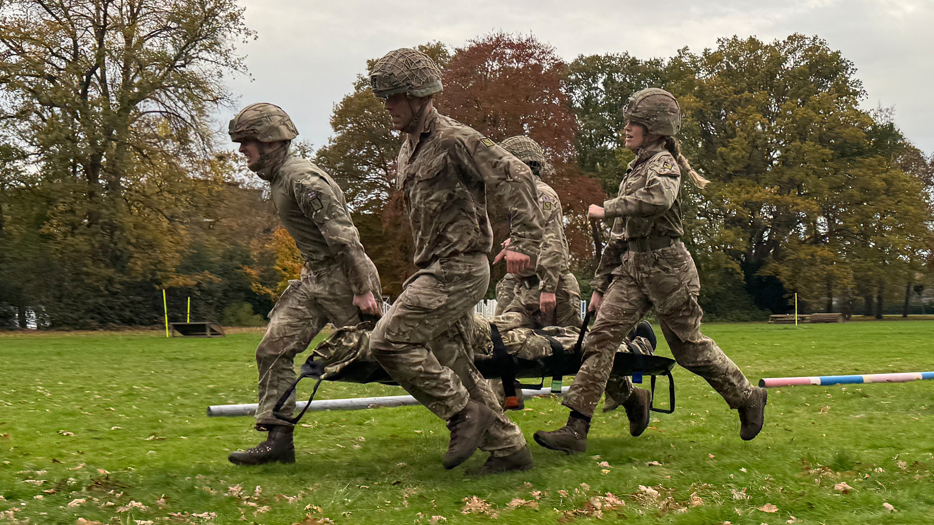 The stretcher race requires the usual blend of physical fitness and determination, but also everyone working together to ensure the stretcher - and the casualty being carried - stay level