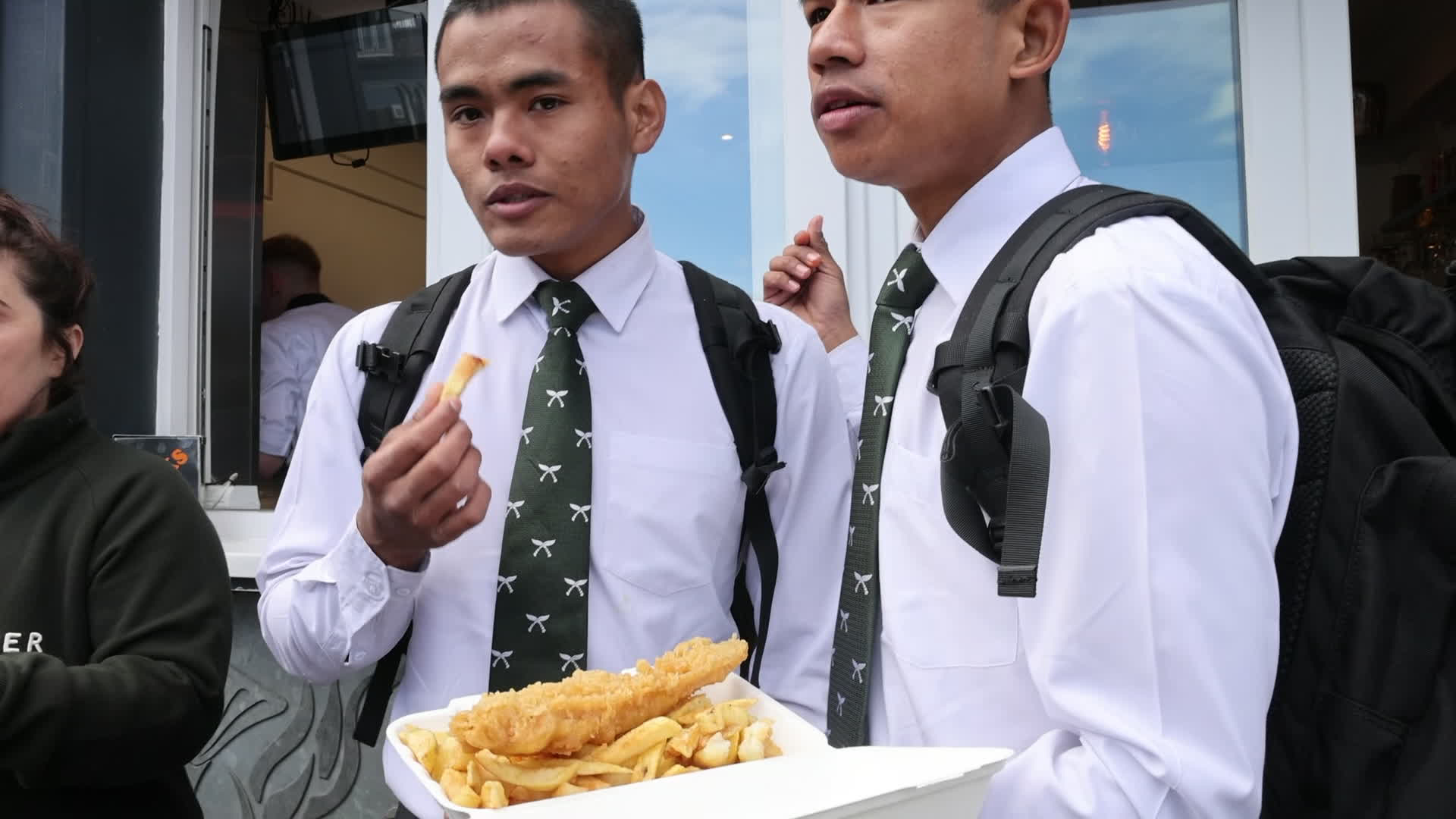 In addition to splashing in the waves, eating fish and chips marked another first for the recruits (Picture: BFBS)