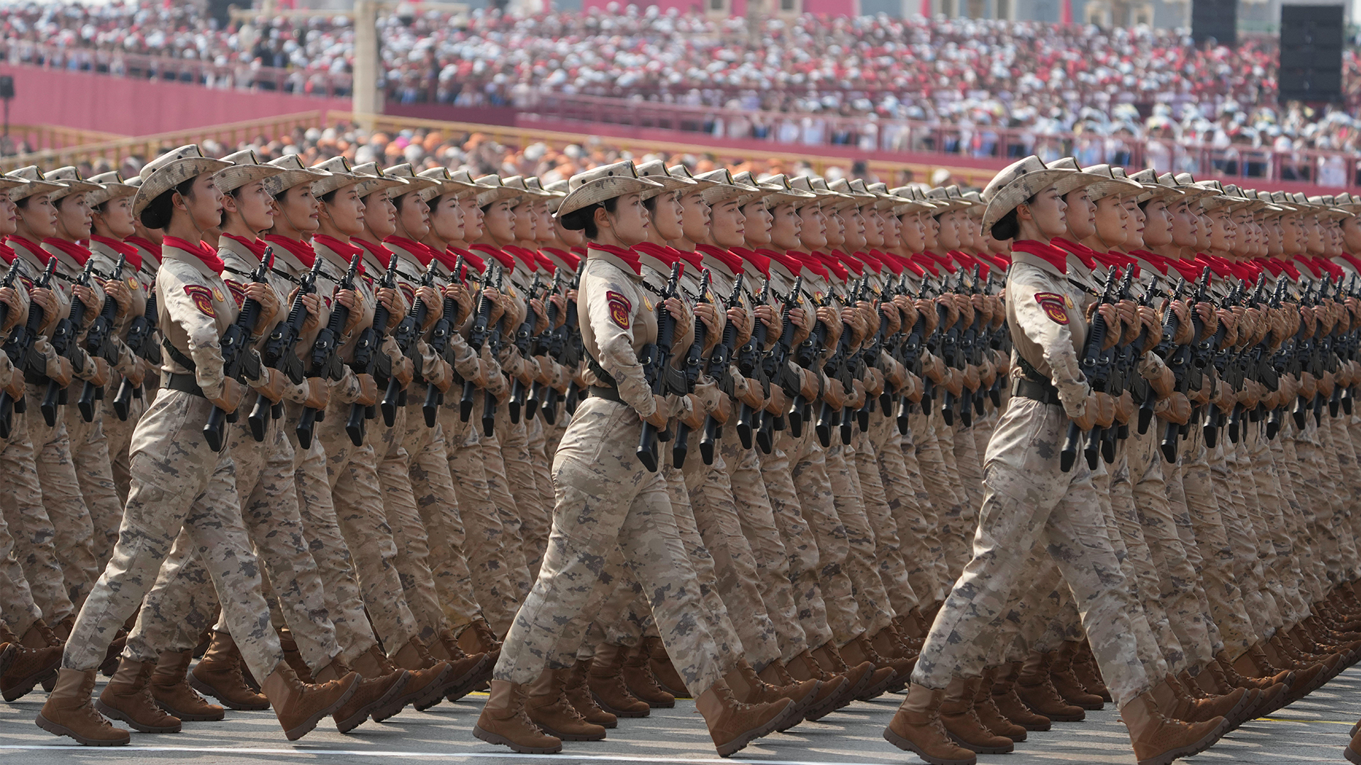 The militia formation marches through Tian'anmen Square during a grand gathering to commemorate the 80th anniversary of the victory in the Chinese Peoples War of Resistance against Japanese Aggression