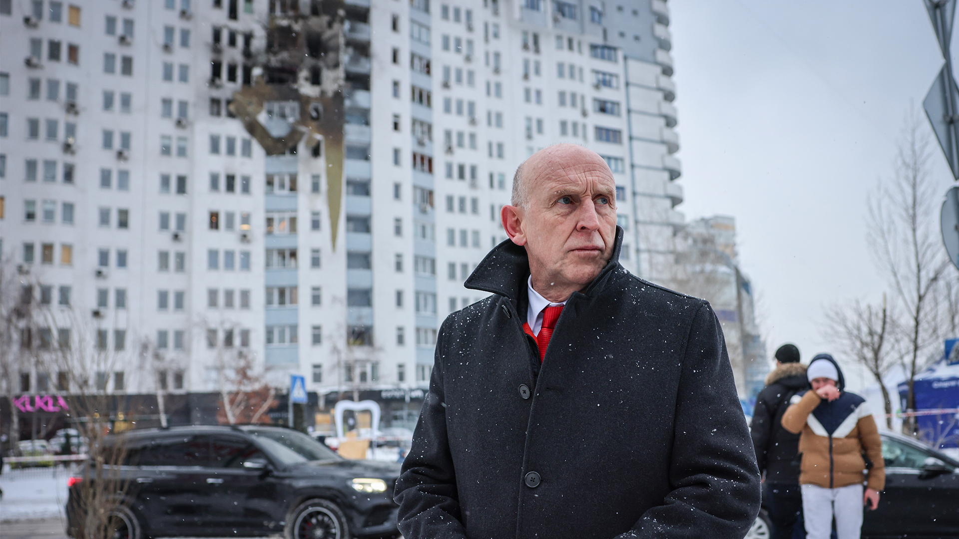 Defence Secretary John Healey visits a residential block of flats which was hit by two Russian drones the previous night, killing a paramedic