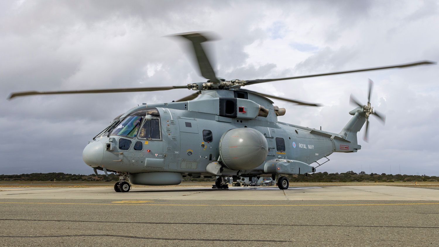 The Merlin Mk2 Crowsnest helicopter is from 820 Naval Air Squadron, whose unit emblem is a flying fish