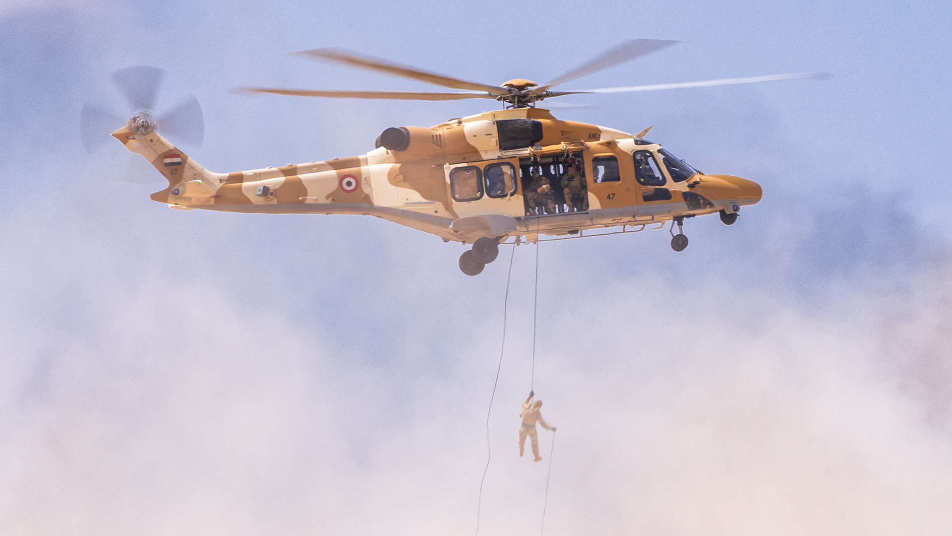 The Royal Thai Army was the first to adopt the AW149, followed by Egypt, with a soldier fast-roping from this example at Mohamed Naguib Military Base