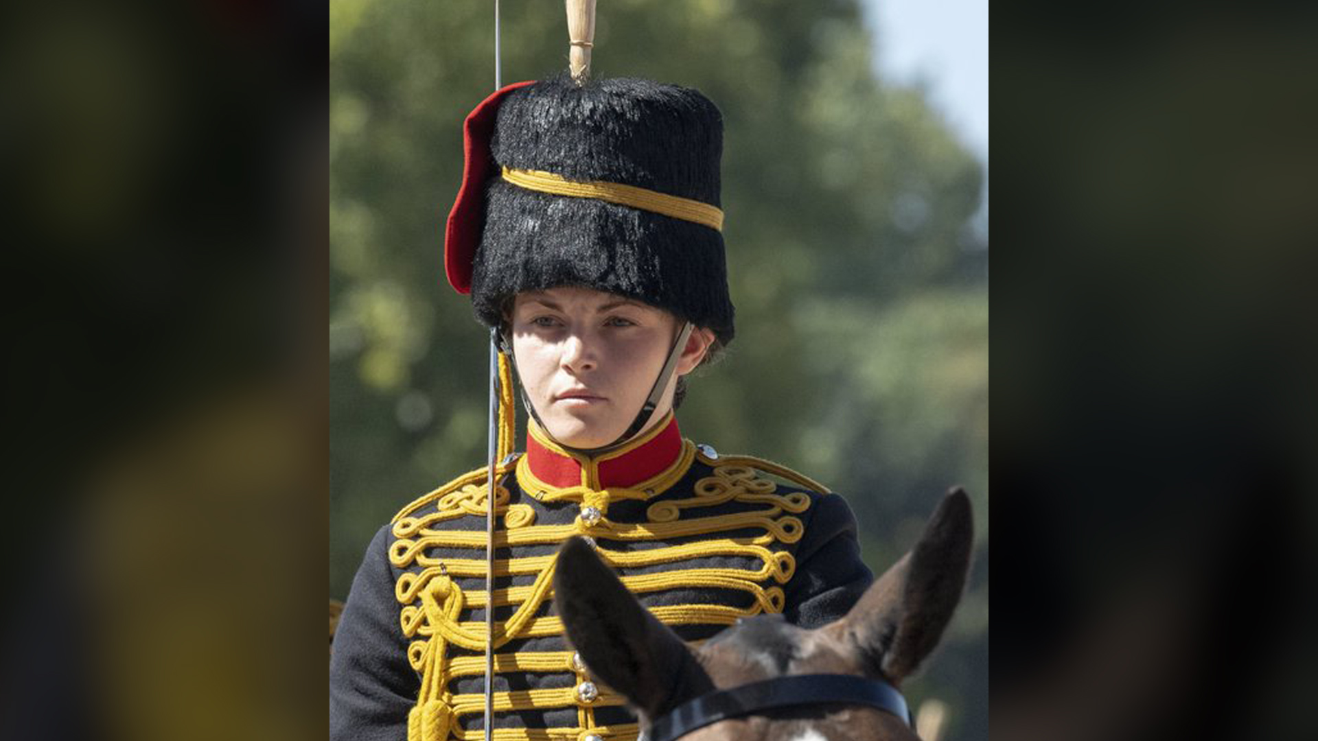 Lance Bombardier Ciara Harrison in ceremonial dress on a horse portrait CREDIT MOD