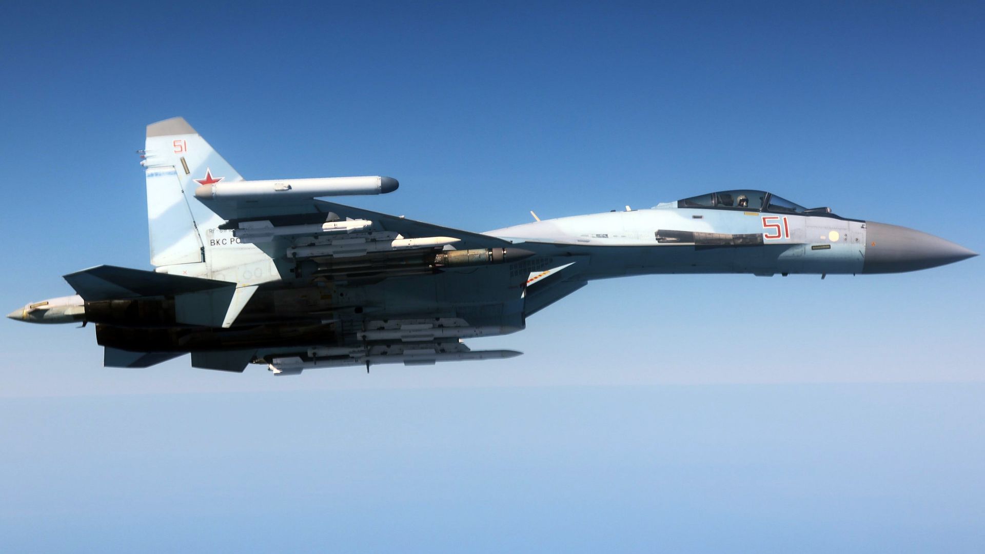 The Russian Su-35 pictured here flew close enough to trigger emergency systems on the Rivet Joint including disabling the autopilot system (Picture: MOD)