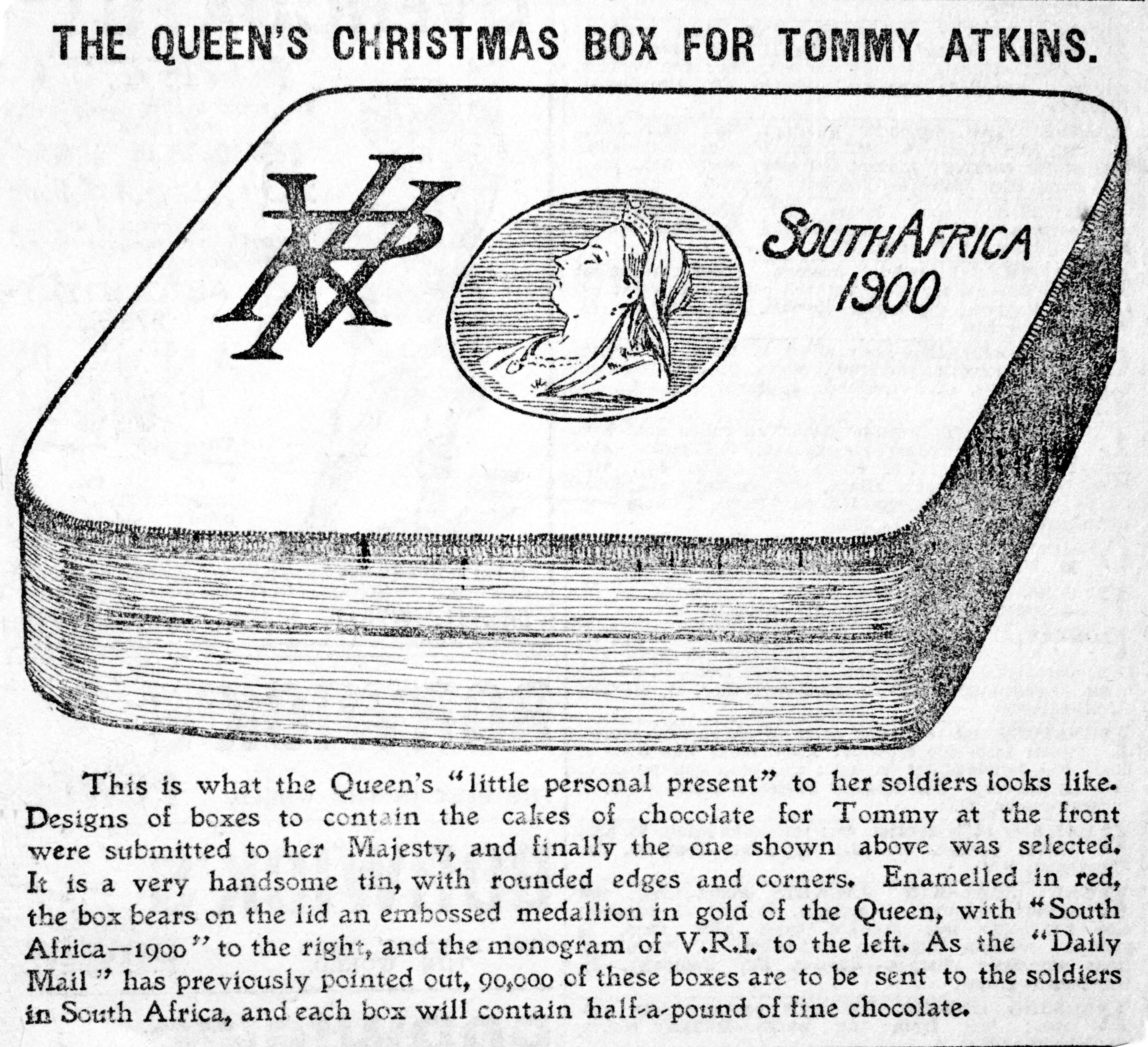A historical contemporary newspaper cutting The Queen's Christmas Box for Tommy Atkins from the Daily Mail c.1899 with a description CREDIT ALAMY