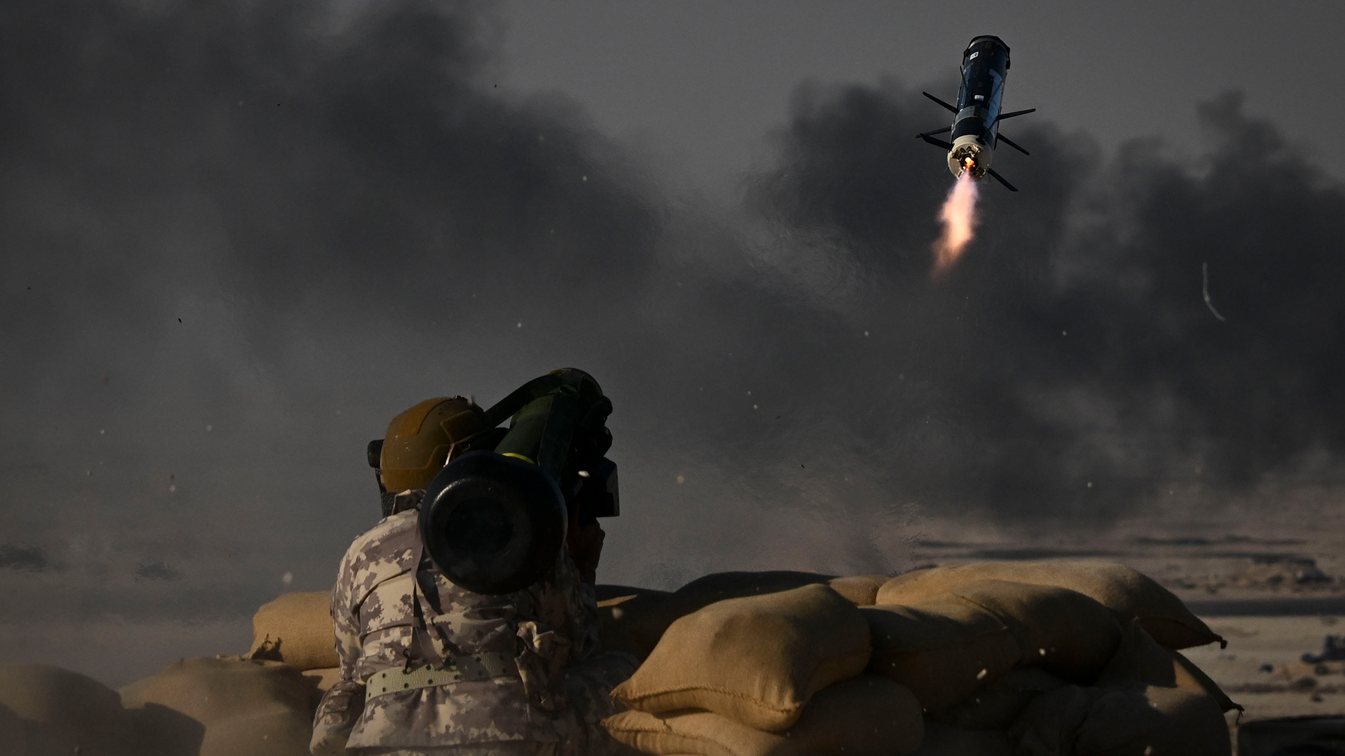 A Qatari soldier fires a Javelin surface-to-air missile