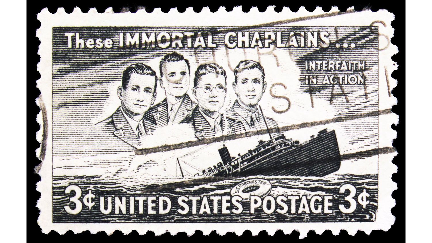 030226 US 3-cent postage stamp shows the US Army's Four Chaplains and sinking USAT Dorchester circa 1948 NO REUSE Image ID 2F8X9A3 CREDIT Alexander Mitrofanov