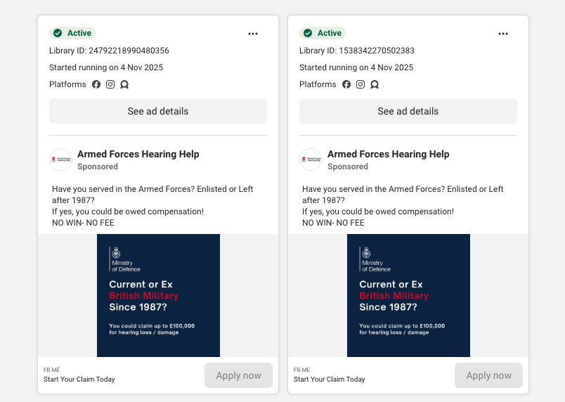 Examples of previous ads run by the same page, which also use MOD insignia