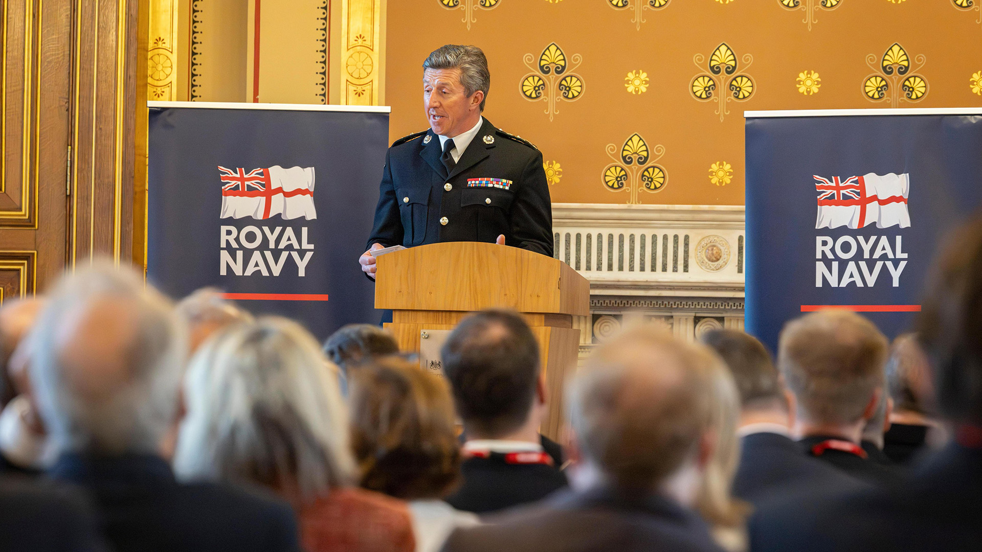 General Sir Gwyn Jenkins speaks at the Leach lecture ahead of a meeting of the JEF's naval leaders