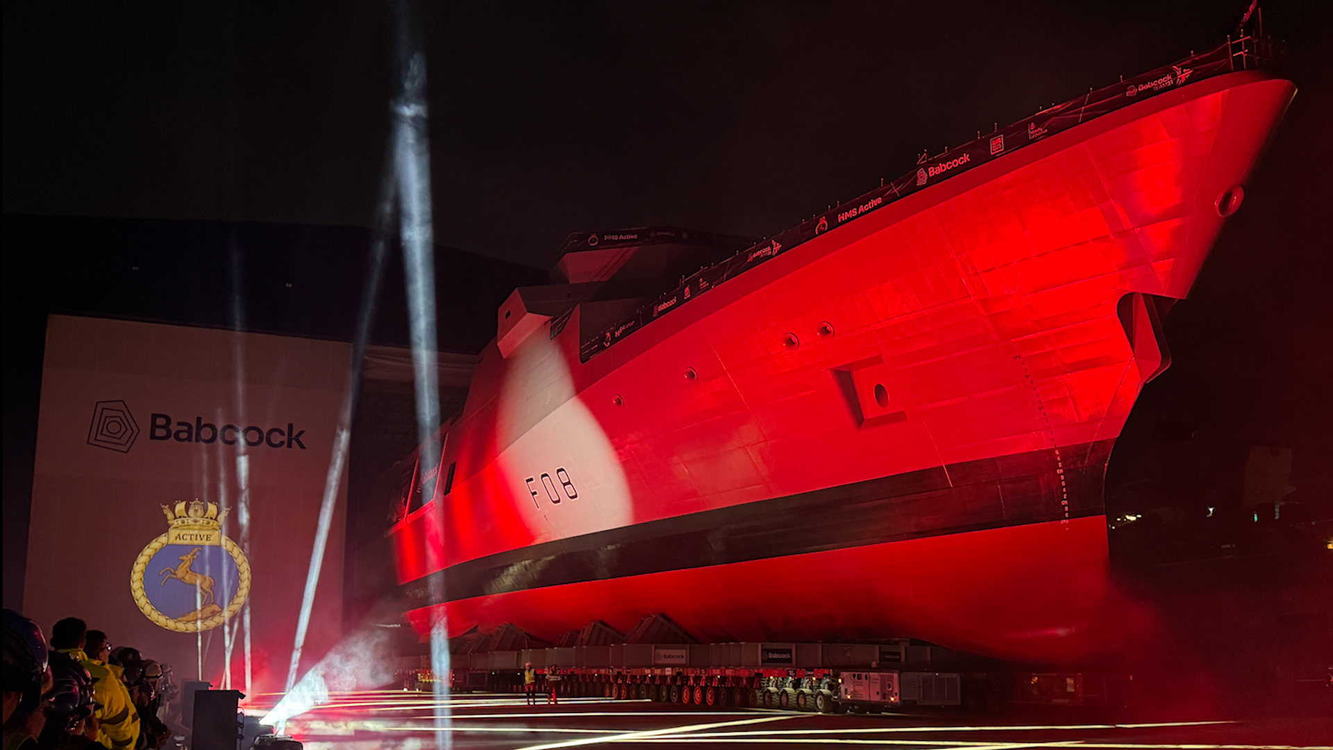 Type 31 Frigate HMS Active being rolled out of the build hall in Rosyth