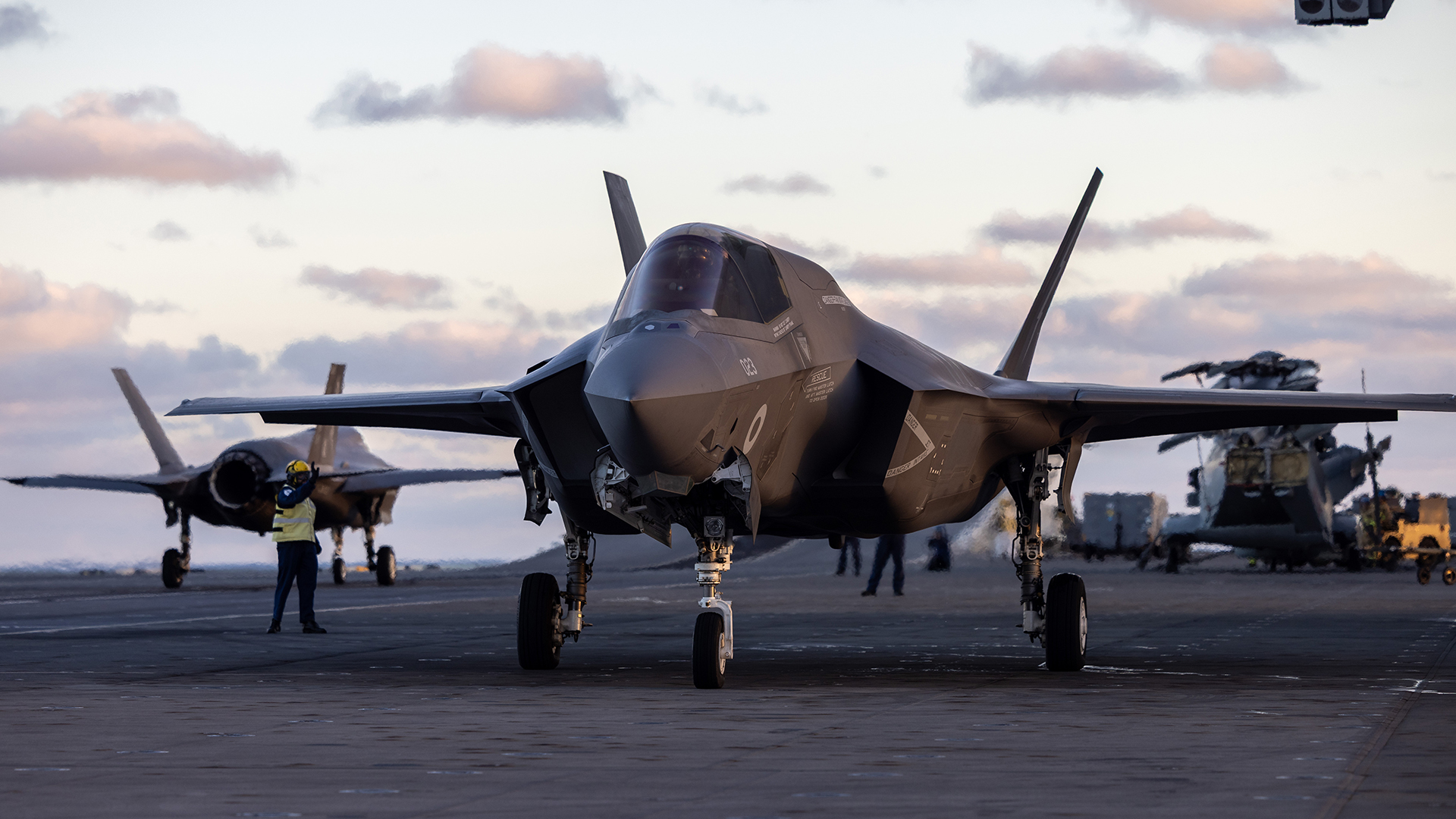 617 Squadron and 809 NAS F-35B Lightning jets prepare to launch from HMS Prince of Wales as they head back to their home base