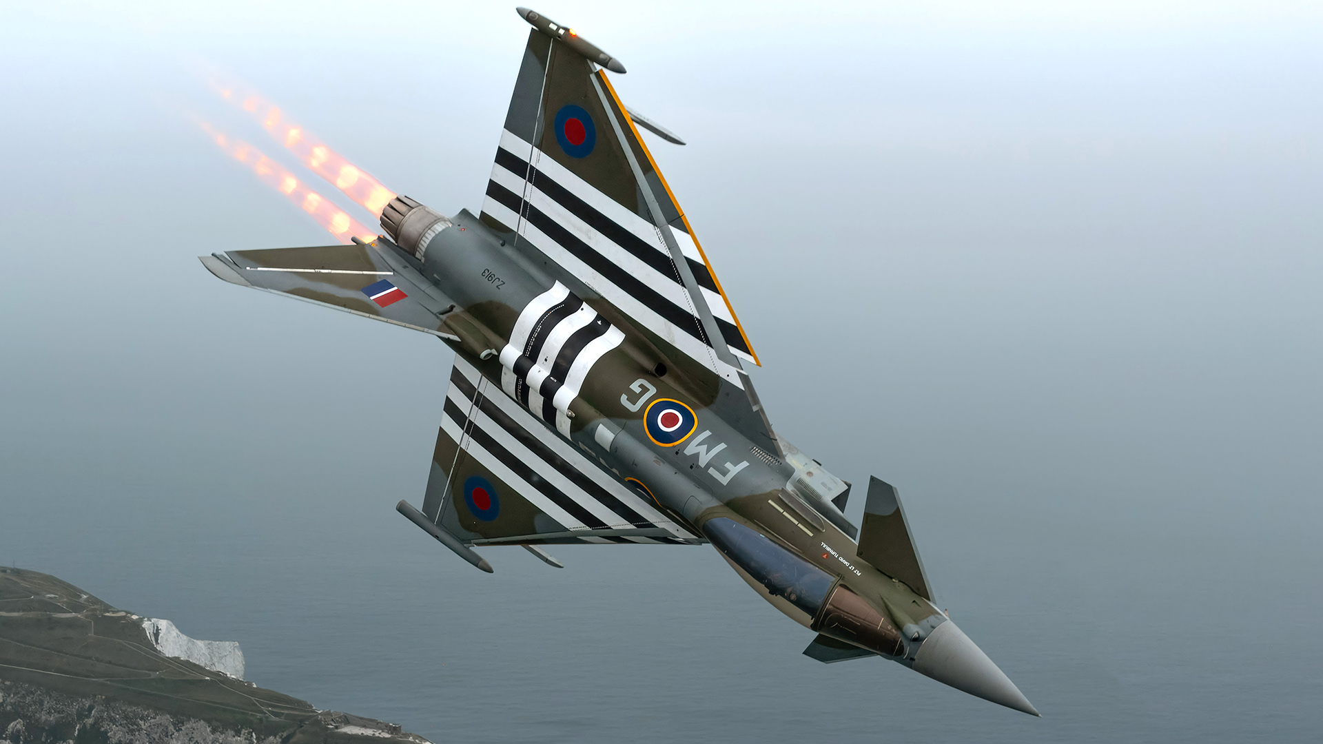 Perhaps the most well-known display Typhoon is ZJ913 Moggy, flown by Flight Lieutenant David "Turbo" Turnbull, which was painted in invasion markings to commemorate the 80th anniversary of D-Day