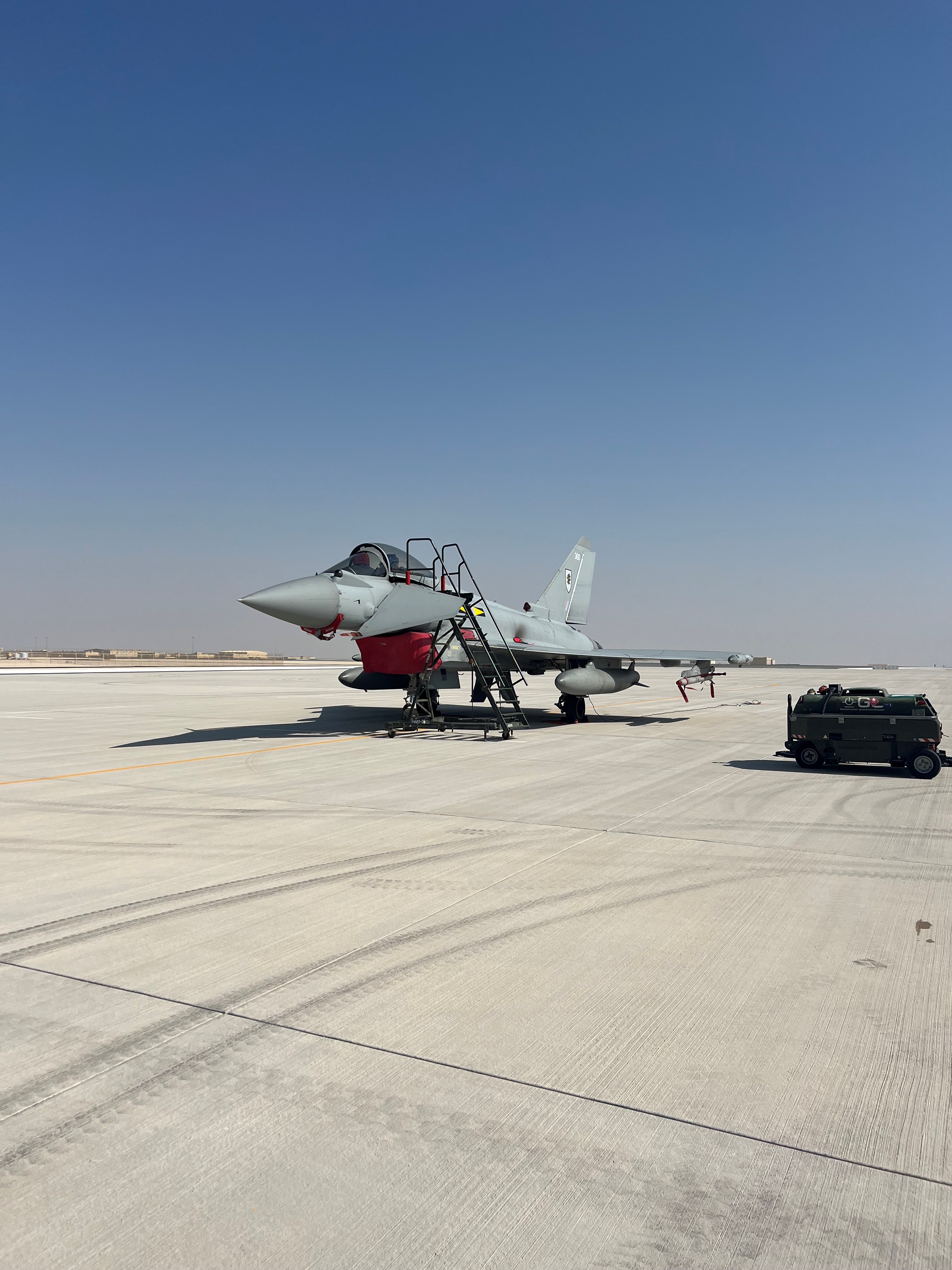 A Typhoon aircraft from RAF XI (F) Squadron on the ground as part of a large international exercise Ferocious Falcon V in Qatar (Picture: RAF).