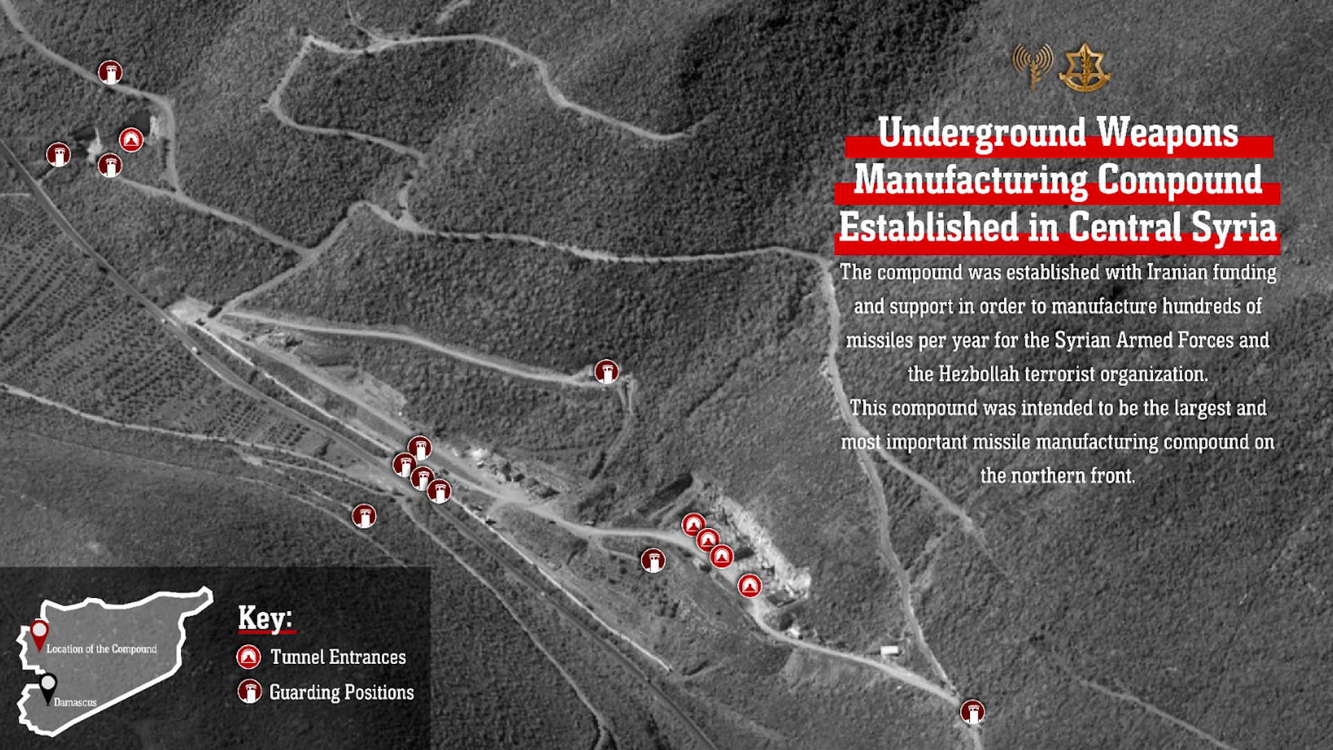 A graphic showing the Iranian weapons factory destroyed by the IDF in Syria