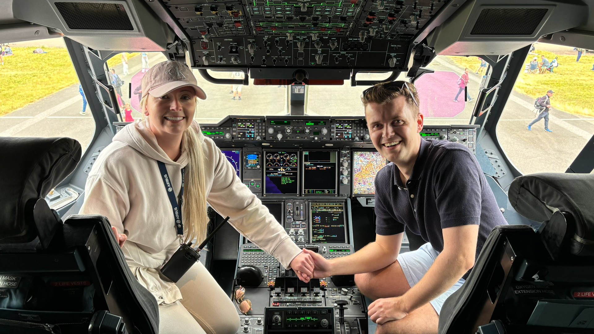 A happy couple after a succesful wedding proposal in the cockpit of a RAF Atlas at RIAT 2024 210724 CREDIT RAF X