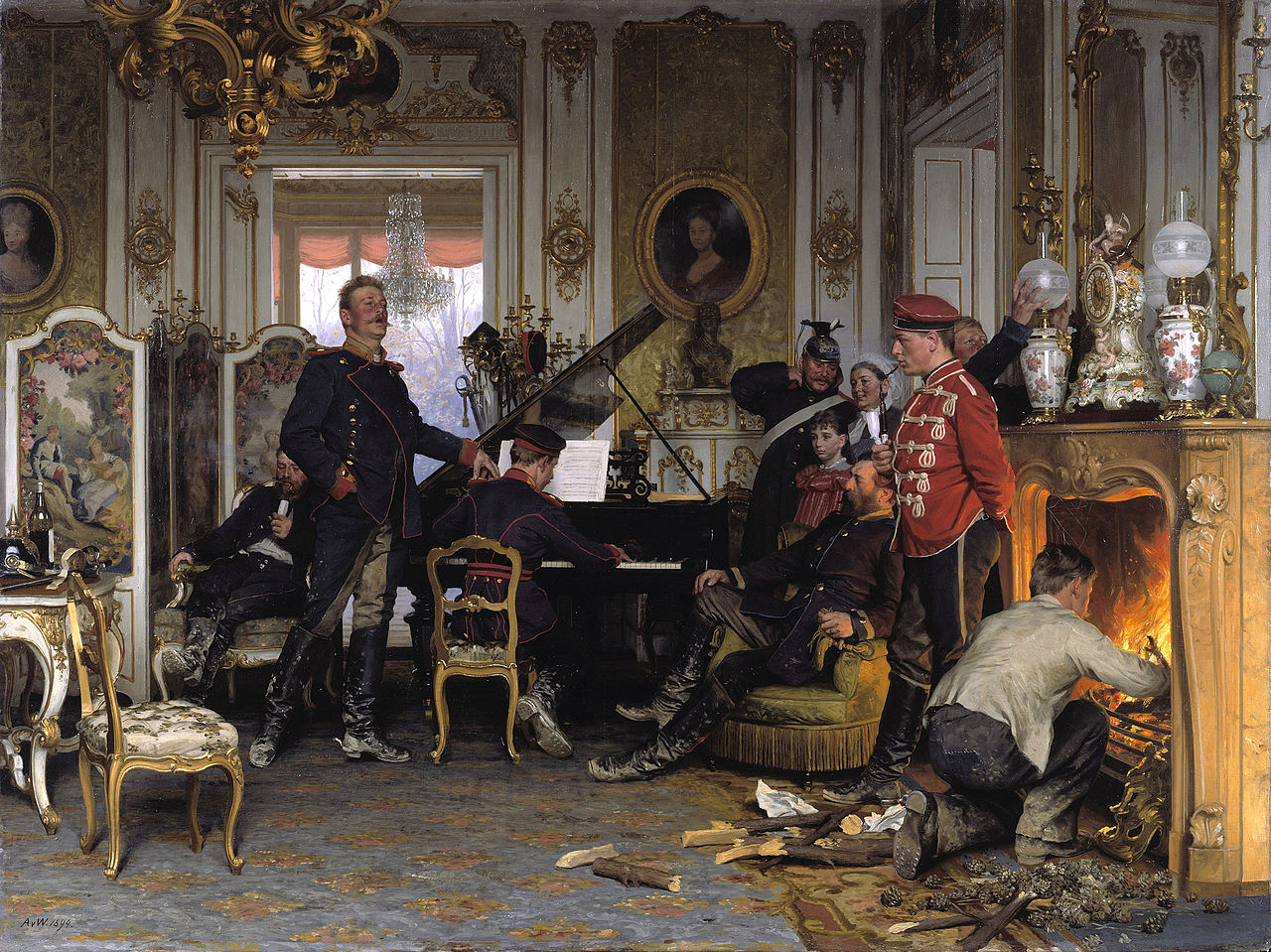 Anton von Werner's 1894 painting Im Etappenquartier vor Paris (A Billet Outside Paris) depicts German soldiers making themselves at home in a requisitioned French house