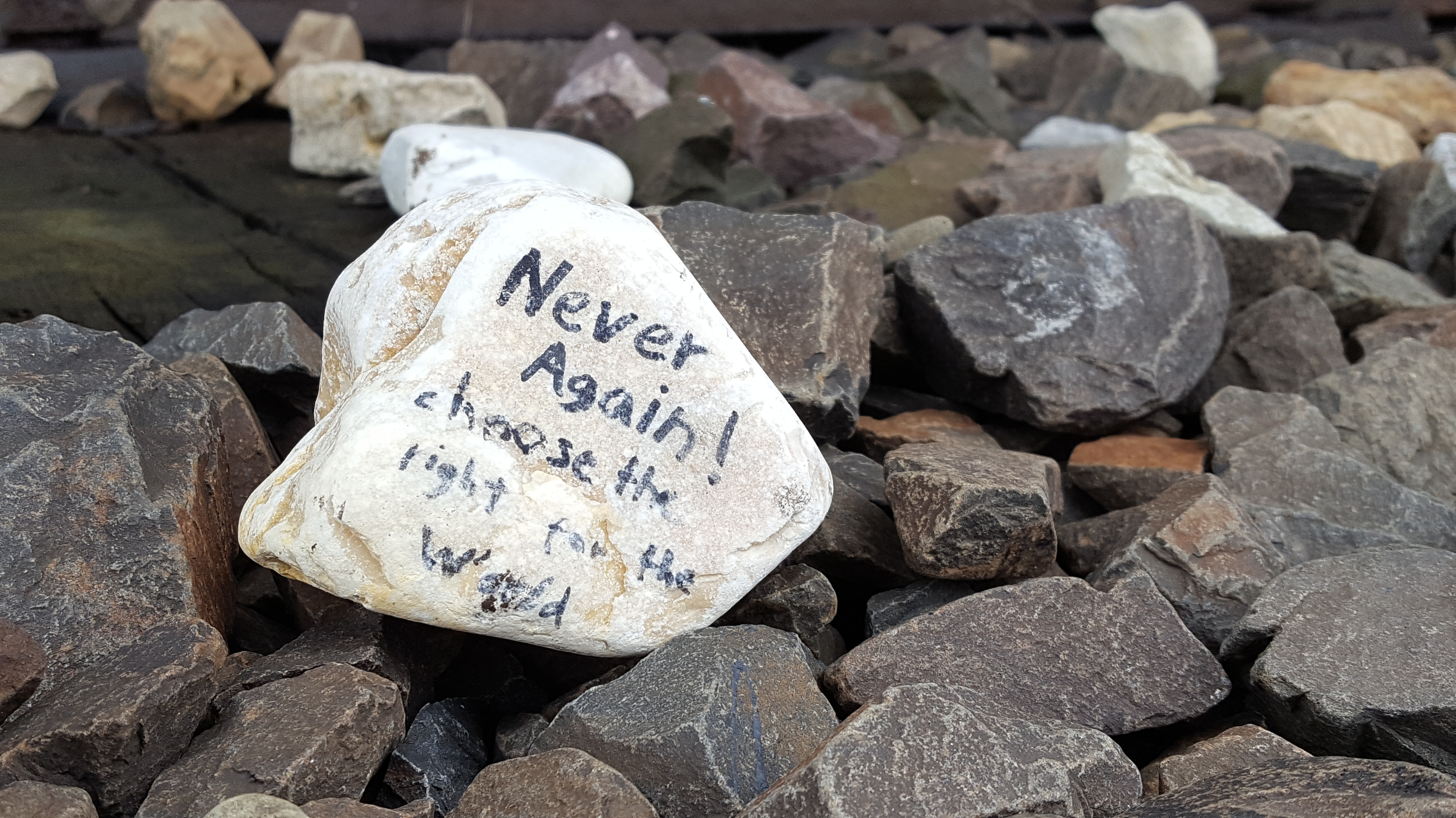 A stone left at Auschwitz that reads: "Never again!" Choose the right for the world."