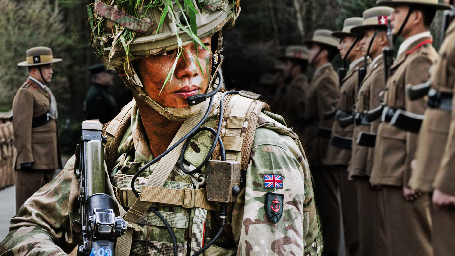 Pictures of a Gurkha in the British Army and of Gurkhas on the parade ground