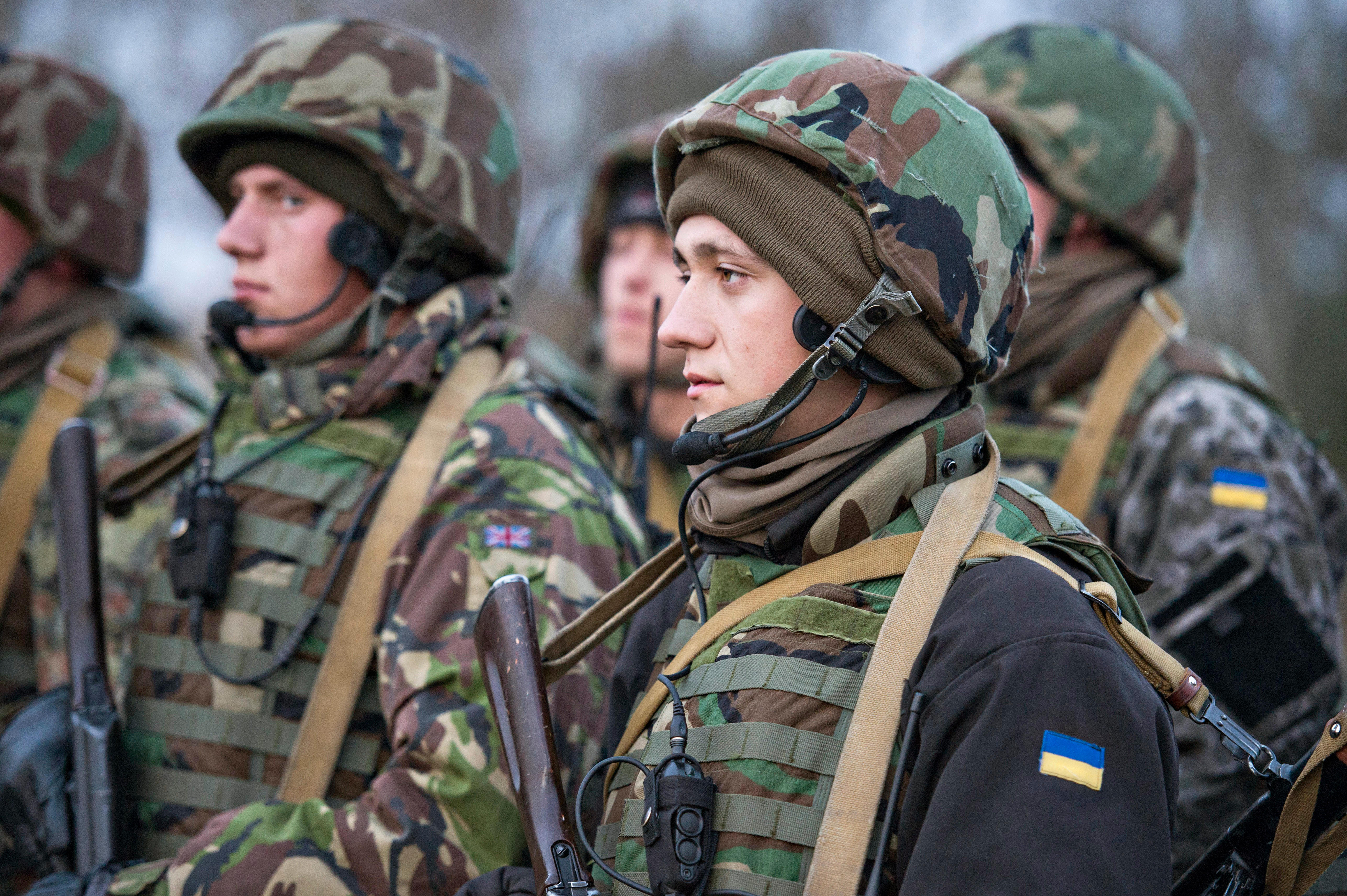British and Ukrainian soldiers during training exercise at Central City Camp near Yavoriv, Ukraine