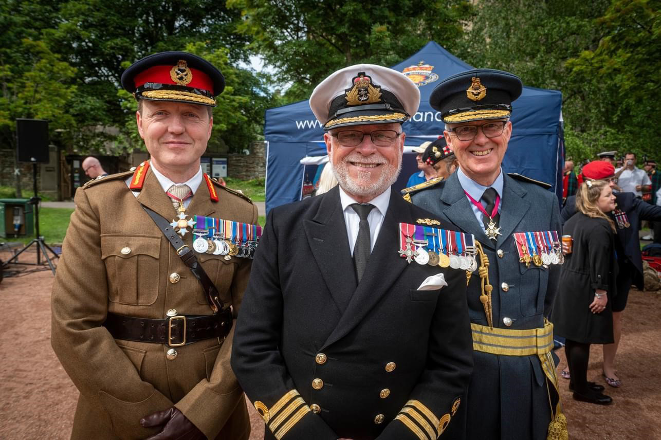 Cdr Hawkins at this year's Armed Forces Day event in Edinburgh with Army and RAF colleagues 101023 CREDIT Royal Navy.