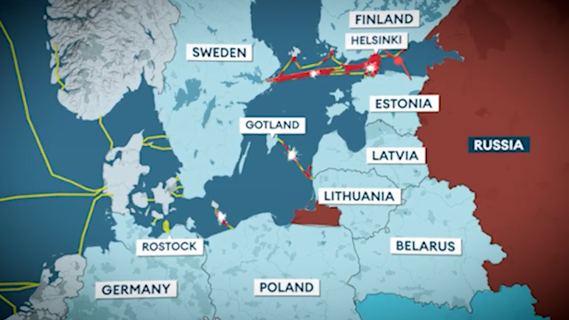 This graphic shows the placement of undersea cables in northern Europe