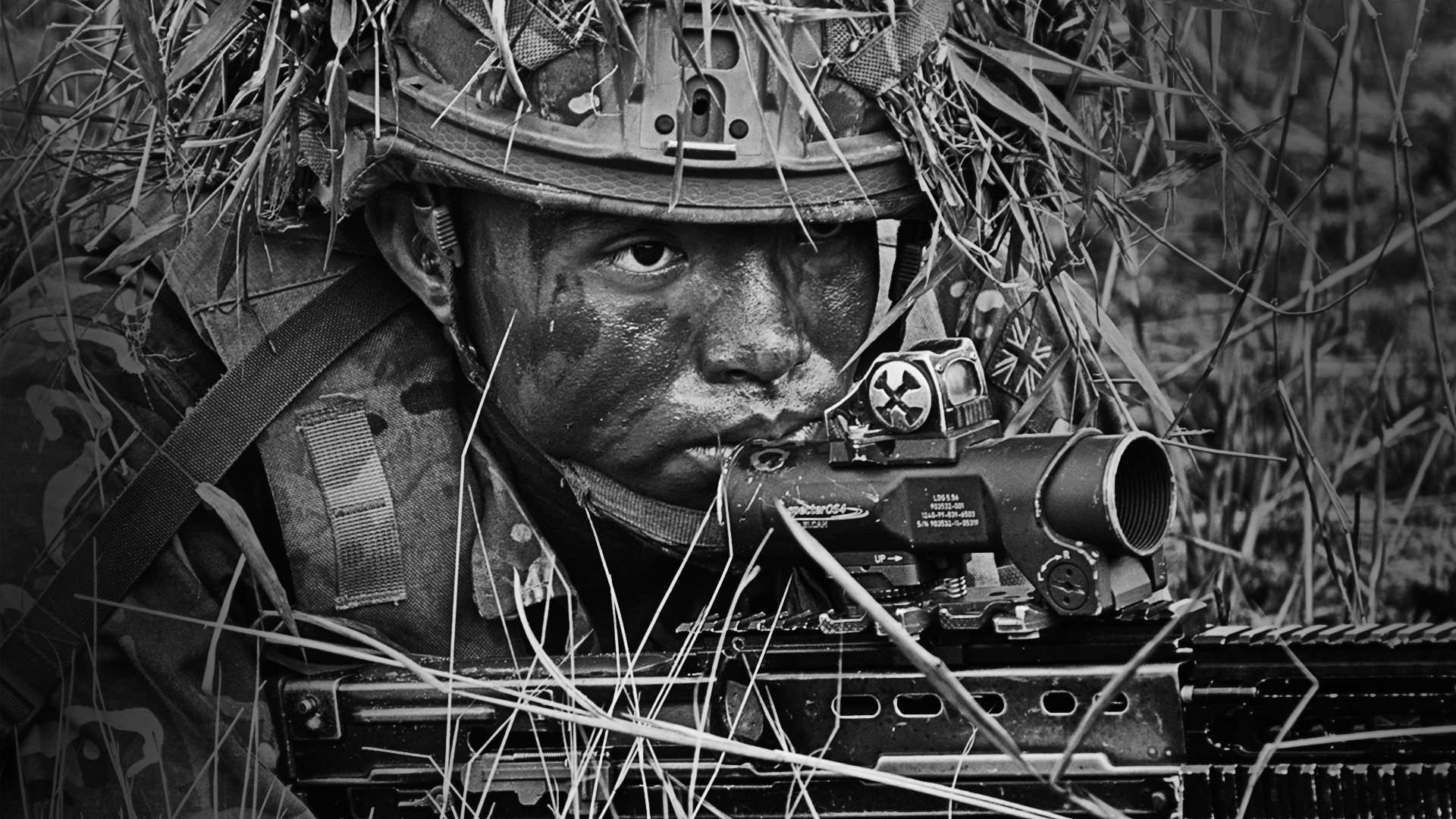 British Army Gurkha shown in black and white