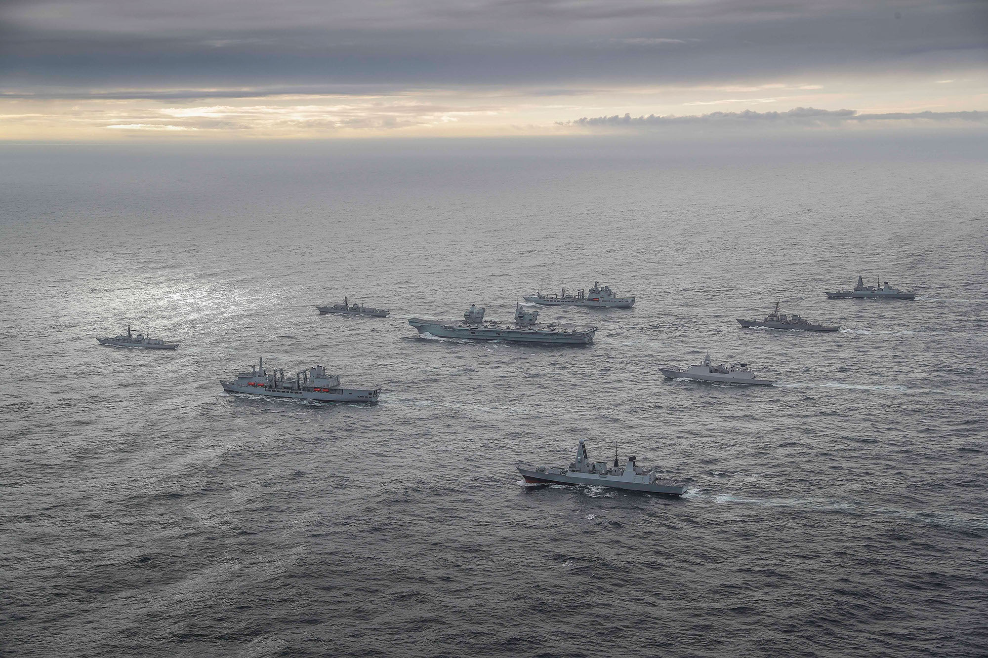 HMS Queen Elizabeth leading the NATO Carrier Strike group during Exercise Joint Warrior CREDIT Royal Navy
