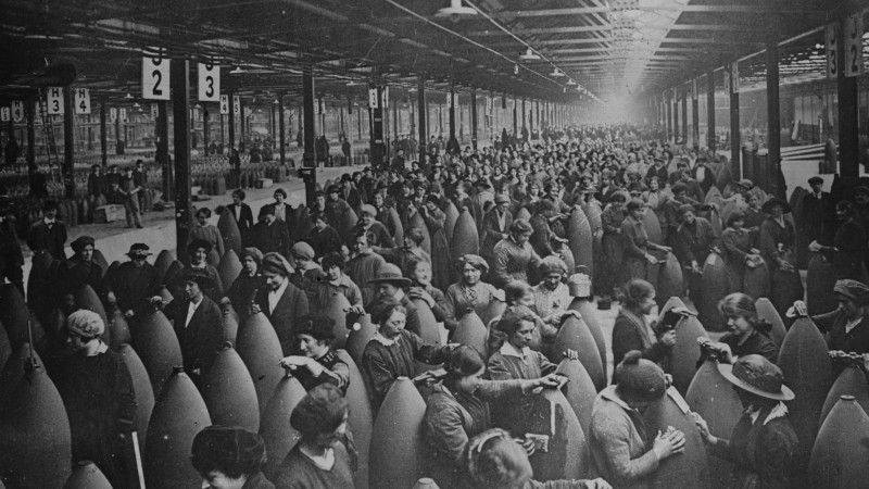 Munitionettes in January, 1917, amongst large artillery shells in a munitions factory (PA images)