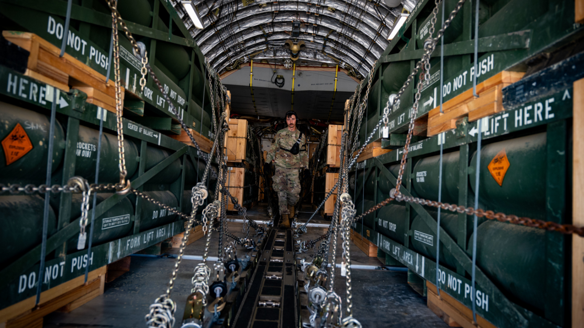 Munitions onboard a C17 Globemaster III at Joint Base McGuire-Dix-Lakehurst, NJ The munitions cargo is part of an additional security assistance package for Ukraine CREDIT DOD