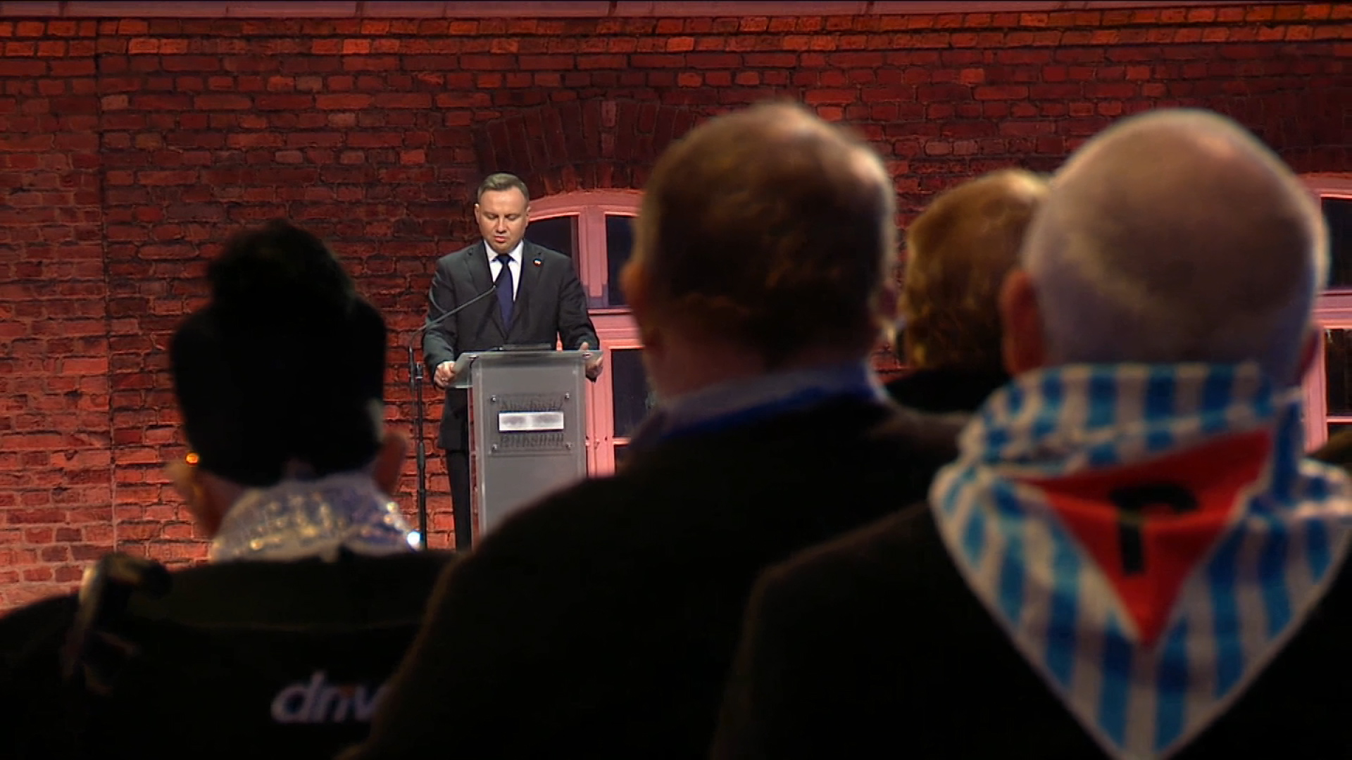 Polish president Andrzej Duda leads the commemoration service at Auschwitz.