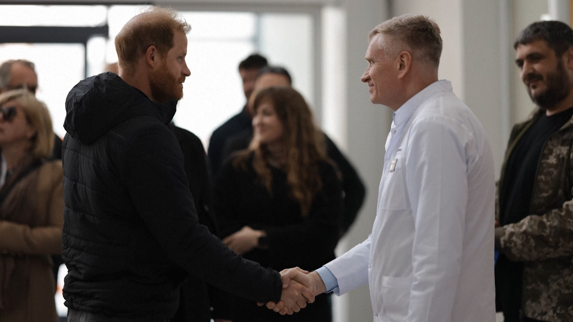 Prince Harry meets Ukraine war veterans at a clinic in Lviv
