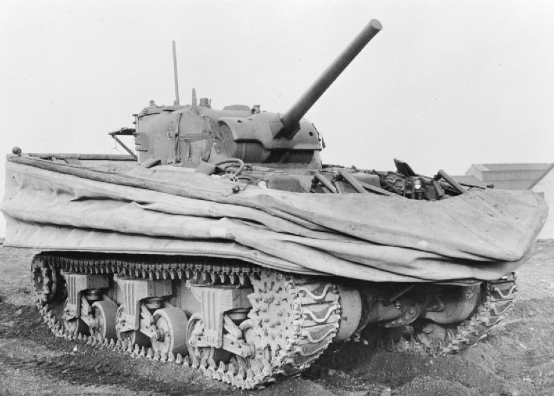 A Sherman DD amphibious tank with waterproof float screen