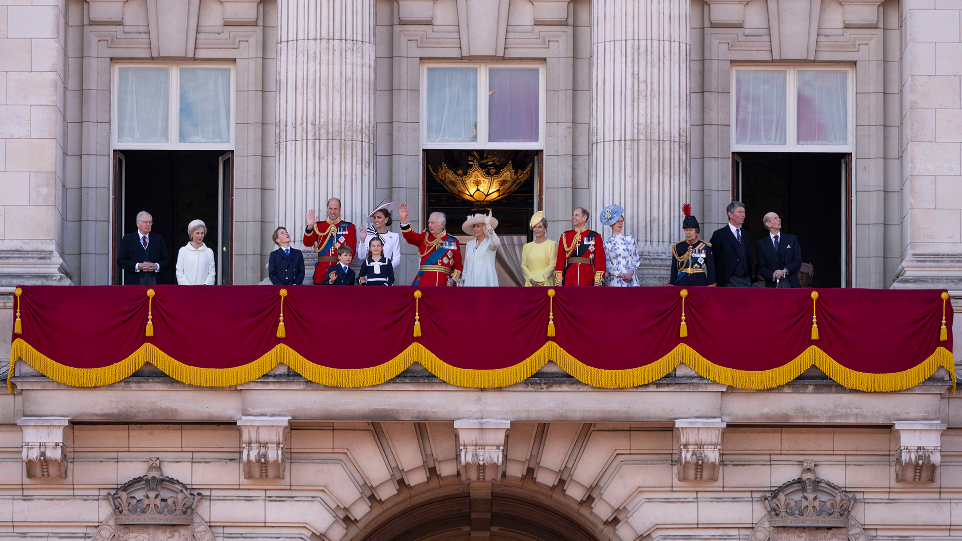 The Royal Family watched the flypast from a Buckingham Palace balcony at 1 pm on the second Saturday in June following the King’s Birthday Parade CREDIT RAF