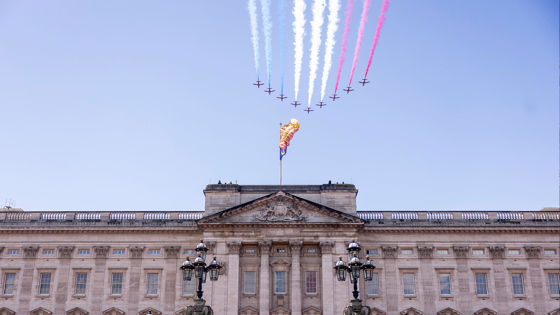 The flypast culminated in a spectacular Red Arrow display 150624 CREDIT RAF
