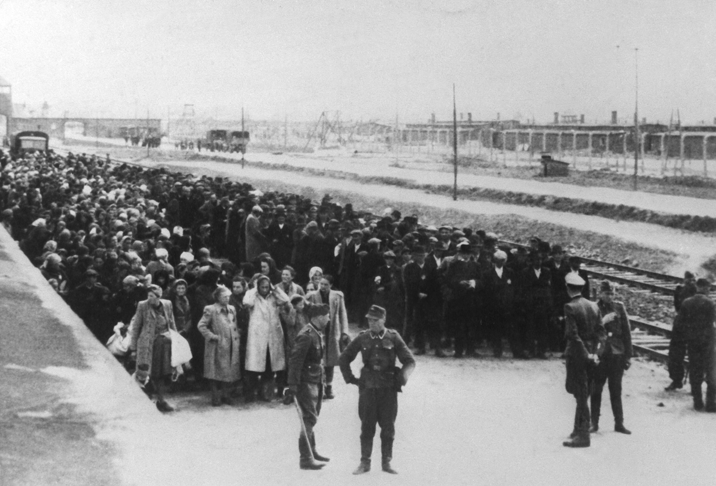 Women and children (left) and men (right) lined up at Auschwitz in 1940 (Picture: PA).