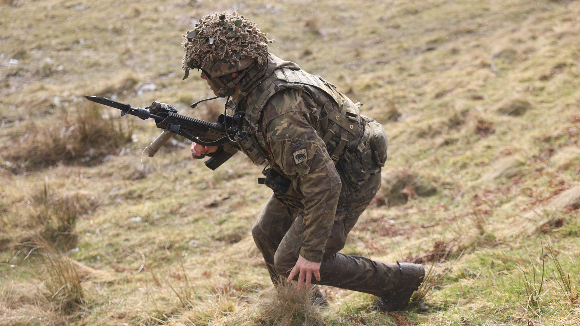 This infanteer from the Royal Anglian Regiment is taking part in Live Fire Tactical Training, where soldiers use fire and manoeuvre tactics using live ammunition