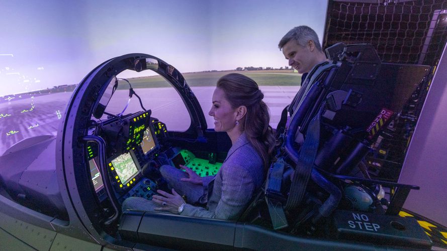 Kate sits in the cockpit of an RAF Typhoon jet simulator during her visit to RAF Coningsby (Picture: PA) Kate sits in the cockpit of an RAF Typhoon jet simulator during her visit to RAF Coningsby (Picture: PA)