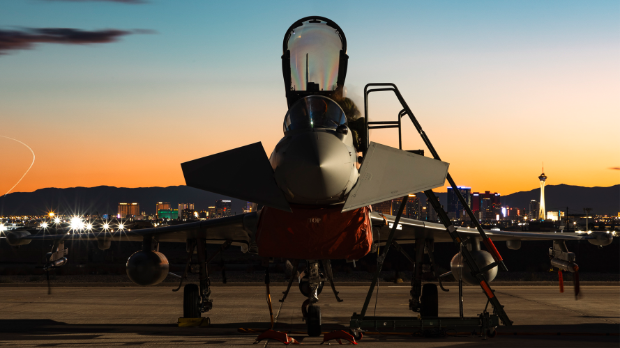 Exercise Red Flag is considered one of the world's most gruelling air combat trainings (Picture: MOD) The sun sets over a Typhoon on Ex Red Flag