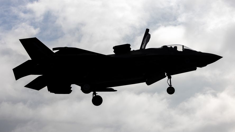 An F-35B Lightning operated by 617 Squadron comes in to land on Operation Highmast - displaying the B variant's short take-off/vertical landing capability An F-35B Lightning operated by 617 Squadron comes in to land on Operation Highmast - displaying the B variant's short take-off/vertical landing capability