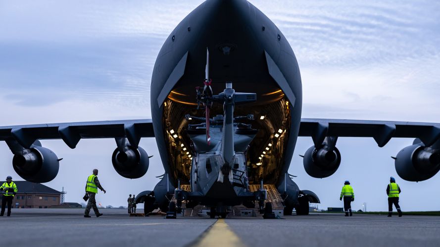 This Royal Navy Wildcat HMA Mk2 is loaded onto an RAF C-17 by RAF movers and RN personnel at RNAS Yeovilton ahead of their flight to Cyprus This Royal Navy Wildcat HMA Mk2 is loaded onto an RAF C-17 by RAF movers and RN personnel at RNAS Yeovilton ahead of their flight to Cyprus