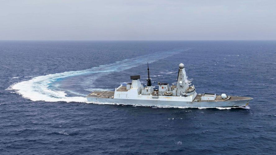 A view of HMS Dragon from a Wildcat helicopter, as the ship conducts high-speed manoeuvres (Picture: MOD) HMS Dragon practises evading missiles in Eastern Med