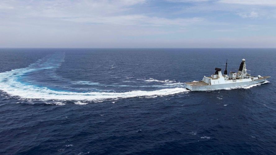 A view of HMS Dragon from a Wildcat helicopter, as the ship conducts high-speed manoeuvres (Picture: MOD) HMS Dragon practises evading missiles in Eastern Med