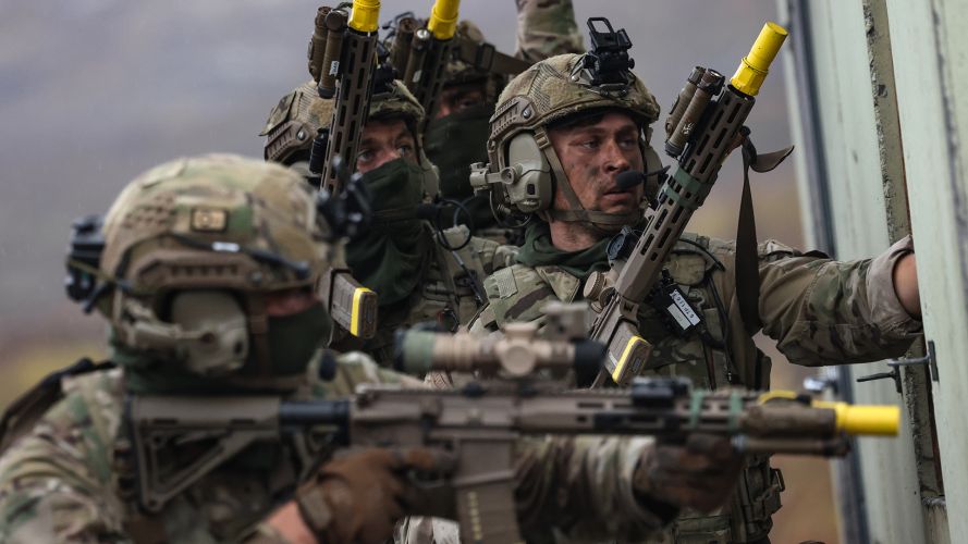 Royal Marines from 40 Commando, armed with their KS-1 assault rifles, clear a building which had been identified as an enemy stronghold by RAF Typhoons during the FIBUA (fighting in built-up areas) phase of Exercise Tarassis Royal Marines from 40 Commando, armed with their KS-1 assault rifles, clear a building which had been identified as an enemy stronghold by RAF Typhoons during the FIBUA (fighting in built-up areas) phase of Exercise Tarassis