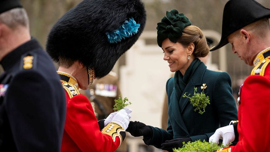 Kates hands a shamrock to Commanding Officer of 1st Battalion Irish Guards, Lt Col Ben Irwin-Clark, on St Patrick's Day (Picture: MOD) Kates hands a shamrock to Commanding Officer of 1st Battalion Irish Guards, Lt Col Ben Irwin-Clark, on St Patrick's Day (Picture: MOD)