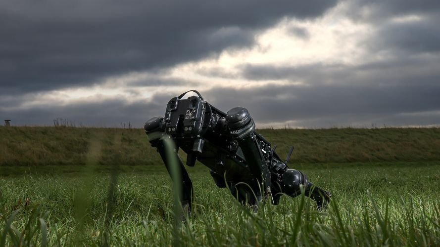 A Q40 QUGV robot dog is demonstrated during Exercise Trident Sprint at RMB Chivenor as part of an initiative aligned with the First Sea Lord's vision for a hybrid, digitally connected Royal Navy A Q40 QUGV robot dog is demonstrated during Exercise Trident Sprint at RMB Chivenor as part of an initiative aligned with the First Sea Lord's vision for a hybrid, digitally connected Royal Navy