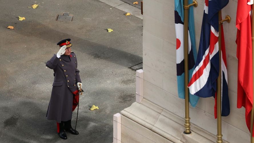 King Charles salutes after laying a wreath at the Cenotaph King Charles salutes after laying wreath