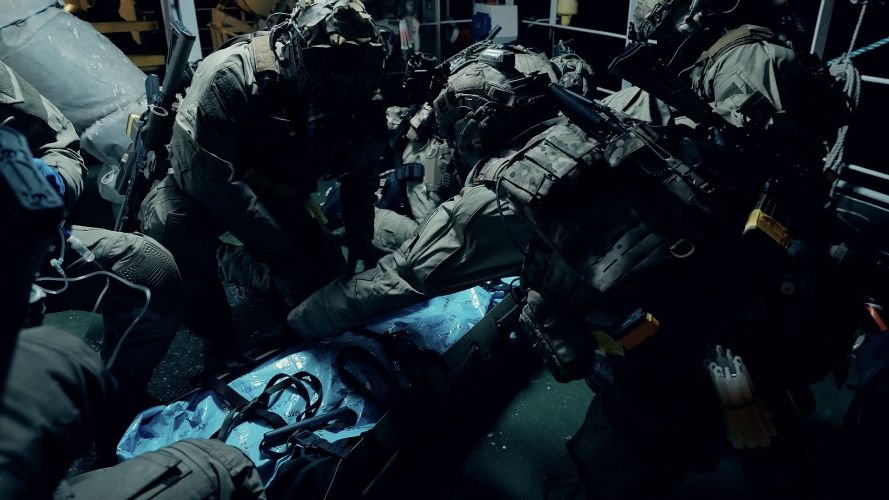 Casualties are moved using lightweight stretchers designed for narrow ship spaces Casualties are moved using lightweight stretchers designed for narrow ship spaces